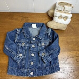 H&M Denim Jacket Baby Girl 6 Months Ruffle Trim Cotton + Faux Fur Boots